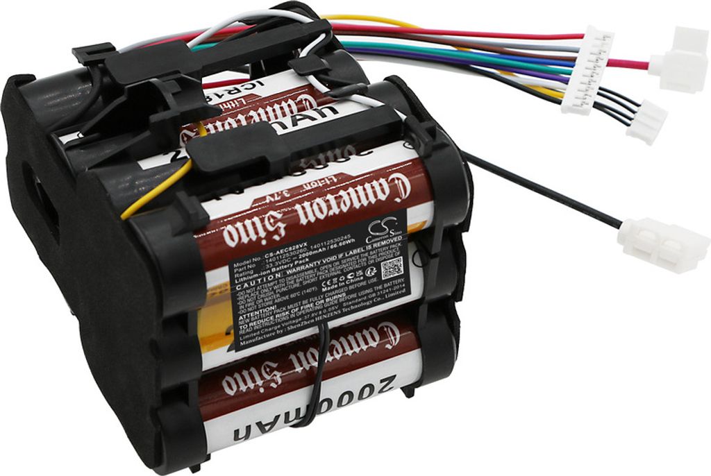 A battery pack with multiple cells and wires, presented against a white background.
