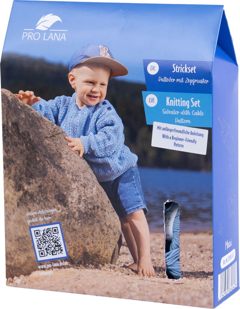 Pro Lana Baby Baumwolle Box Strickset Jungen Pullover mit Zopfmuster Größe 56 - 86