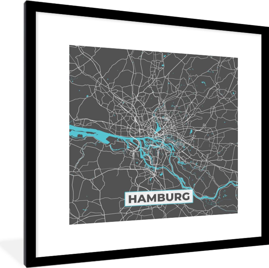 MuchoWow Gerahmtes Poster Stadtplan - Hamburg - Deutschland - Karte 40x40 cm - Poster mit Schwarzem Bilderrahmen Wandposter Rahmen Foto Bilder - ...