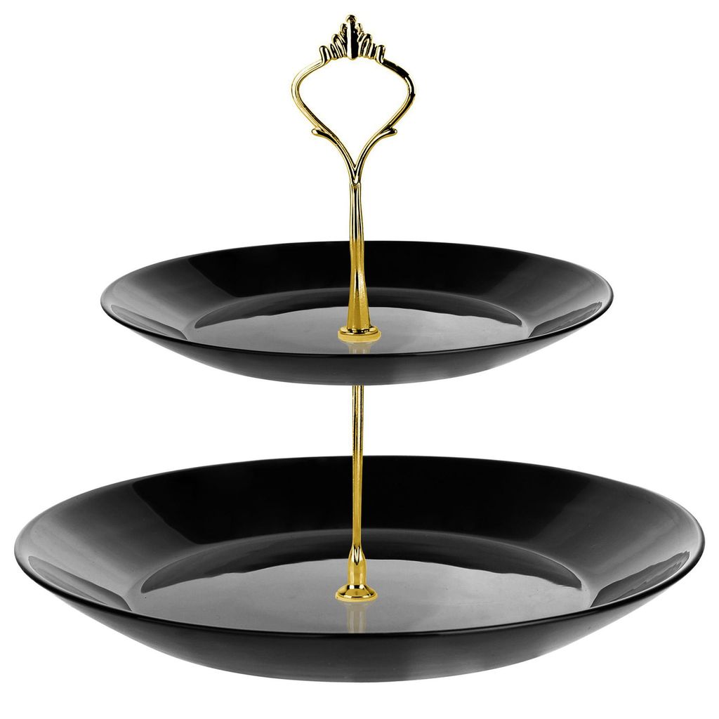 Tortenständer 2-stöckig Glas Schwarz mit Gold – Kuchenplatte für Torten, Obst, Desserts, Servierplatte modern, Ø 26 & 21 cm