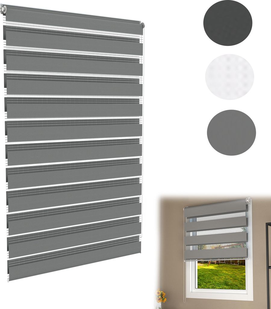 UISEBRT Zebra Doppelrollo 120x150 cm Grau – Lichtdurchlässiges Rollo ohne Bohren, Fensterrollo mit Klemmfix & Kettenzug, Sichtschutz & Sonnensch...