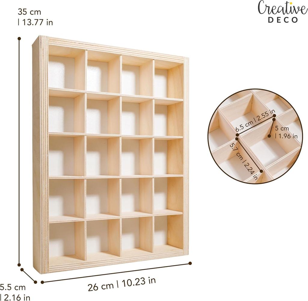 Creative Deco Setzkasten Holz Sammlervitrine 20 Fächer 35 x