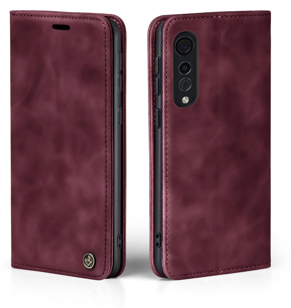 A burgundy flip case for a smartphone is shown from two angles, front and back.