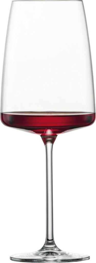 A single wine glass filled with red wine, isolated on a white background.