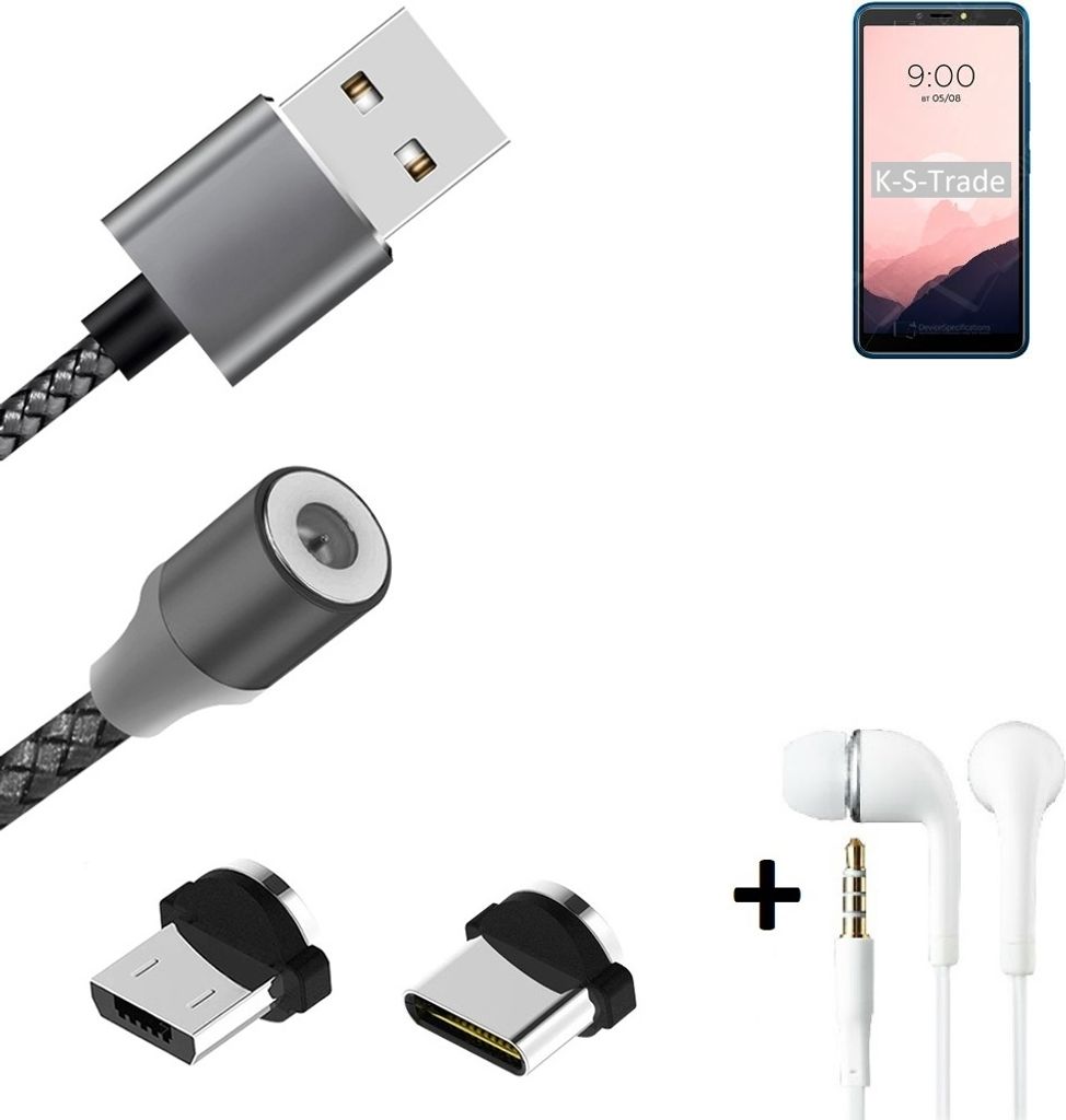 K-S-Trade Hochwertiges Magnet-Lade-kabel Sync-Kabel Daten-Kabel + Kopfhörer kompatibel mit BQ Mobile BQ-6030G Practic mit USB-Typ-C-Anschluss und