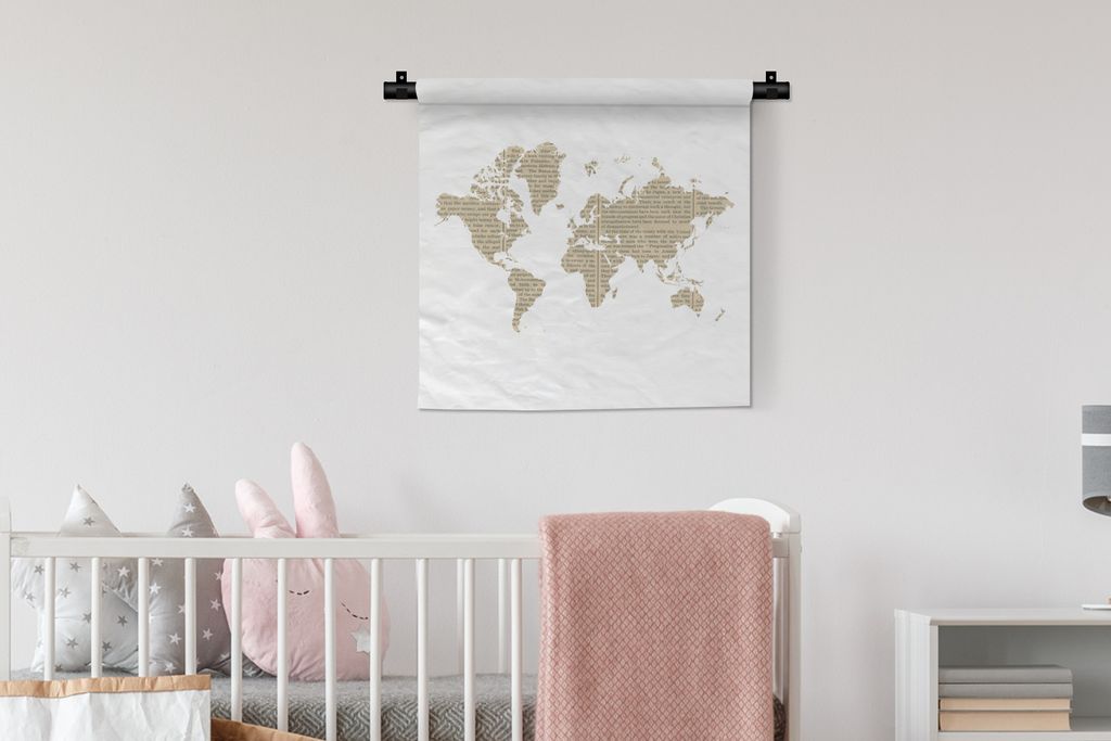 MuchoWow Wandteppich Wandbehang Weltkarte - Zeitung - Weiß 60x60 cm Tapisserie Dekoration Wandtuch - Dekorationen - Wand Decke