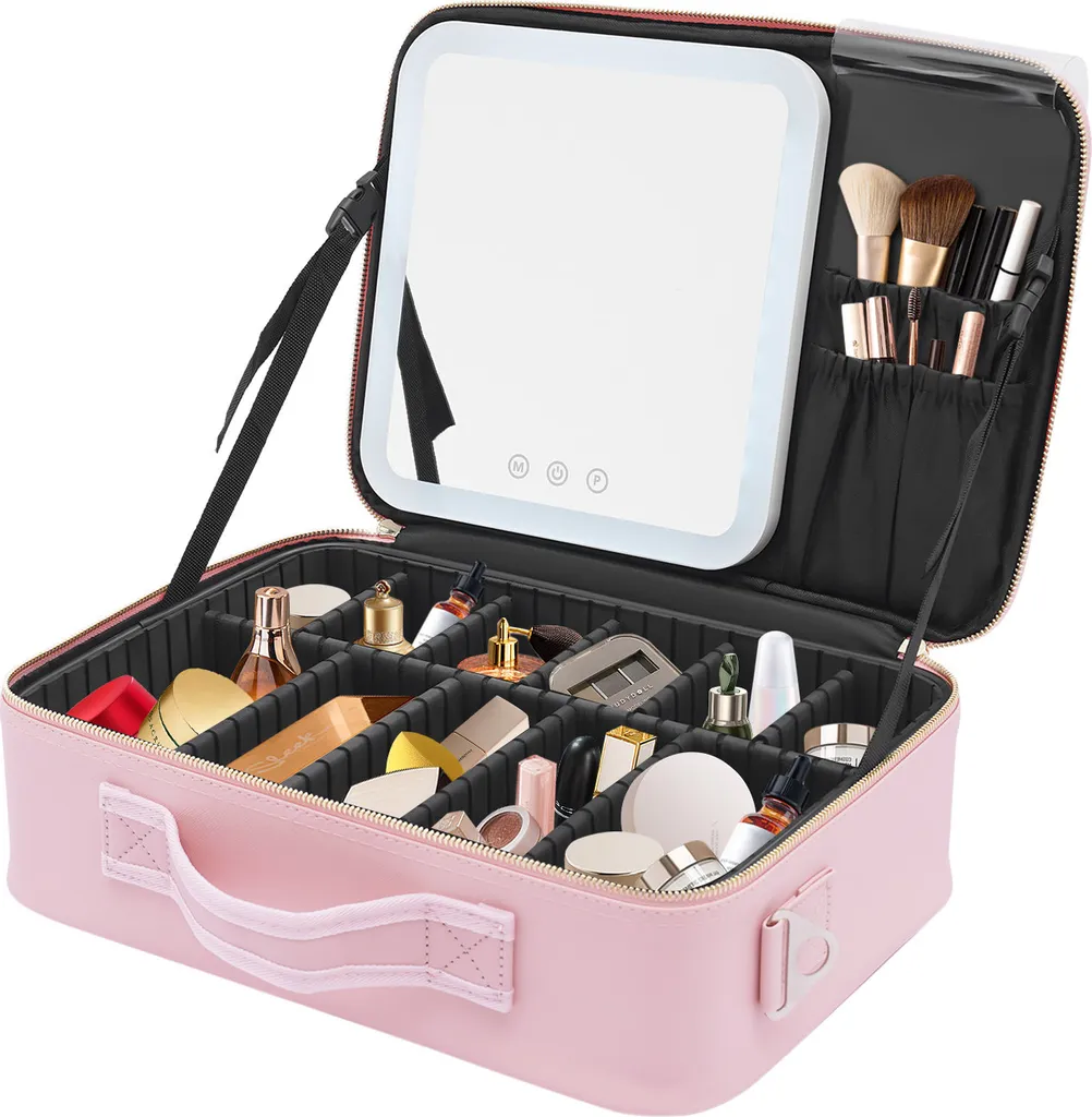 Trousse de Maquillage avec Miroir LED Rose - Boîte Organiseur Portable