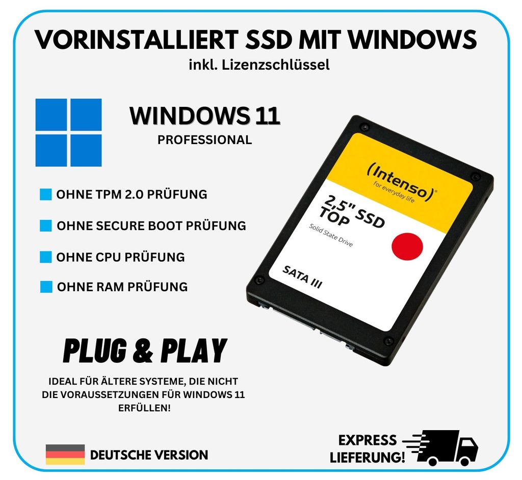128GB SSD Festplatte mit vorinstallierten Windows 11 Professional PRO ohne TPM für PC Laptop Notebook