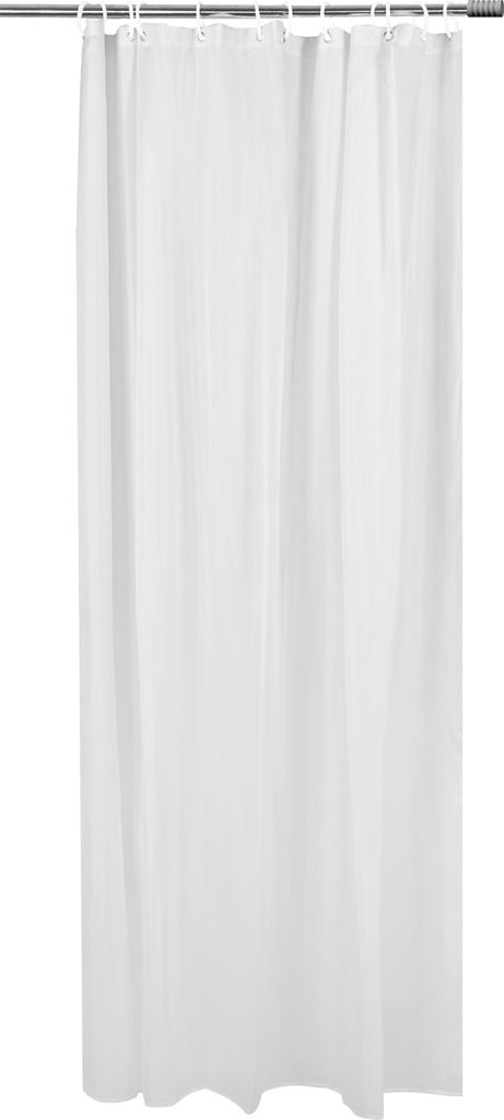 A white shower curtain hanging from a shower rod.