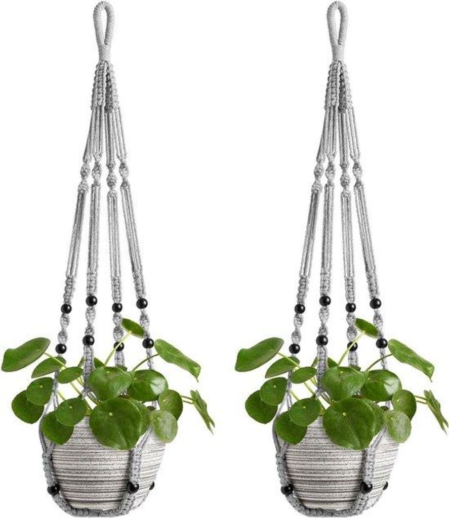 Hängeblumenkörbe aus Holz für Innen- und Außenbereich - Boho-Balkon-Accessoires mit hängenden Pflanzgefäßen - 89 cm Grau - Set aus 2 Stücken