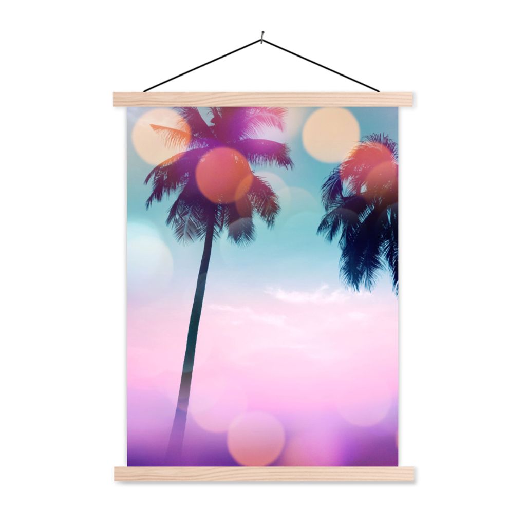 MuchoWow Textilposter Sommer - Palmen - Himmel - Rosa 60x80 cm mit holzfarbenen Rahmen - Wandbild