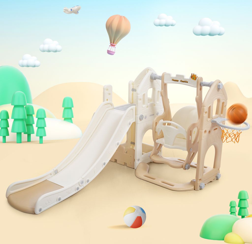 Merax 5-in-1 Kinderrutsche Rutsche mit Basketballkorb, Rutsche, Klettergerüst, Schaukel und Spielhaus, Spielplatz multifunktion Spielset