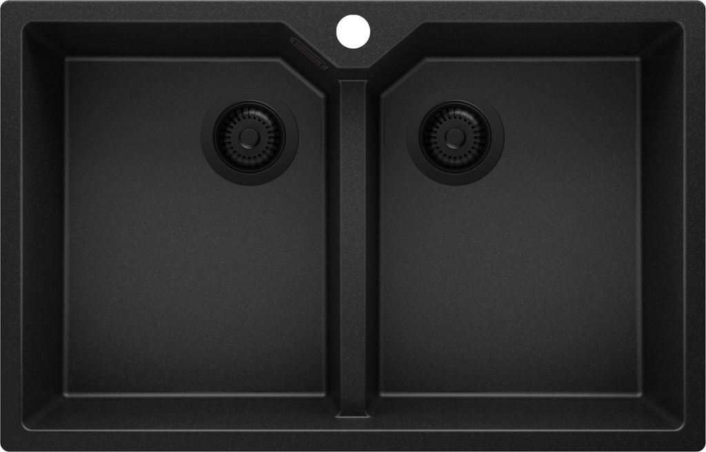 PRIMAGRAN Spülbecken Alles Schwarz 78x50cm, Granitspüle 2 Becken + Ablauf-Set, Küchenspüle ab 80er Unterschrank - Madrid Twin