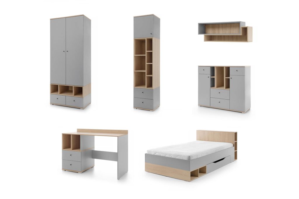 JUGENDZIMMER-SET OLAF 6-teilig in Platin Grau / Biskuit Eiche