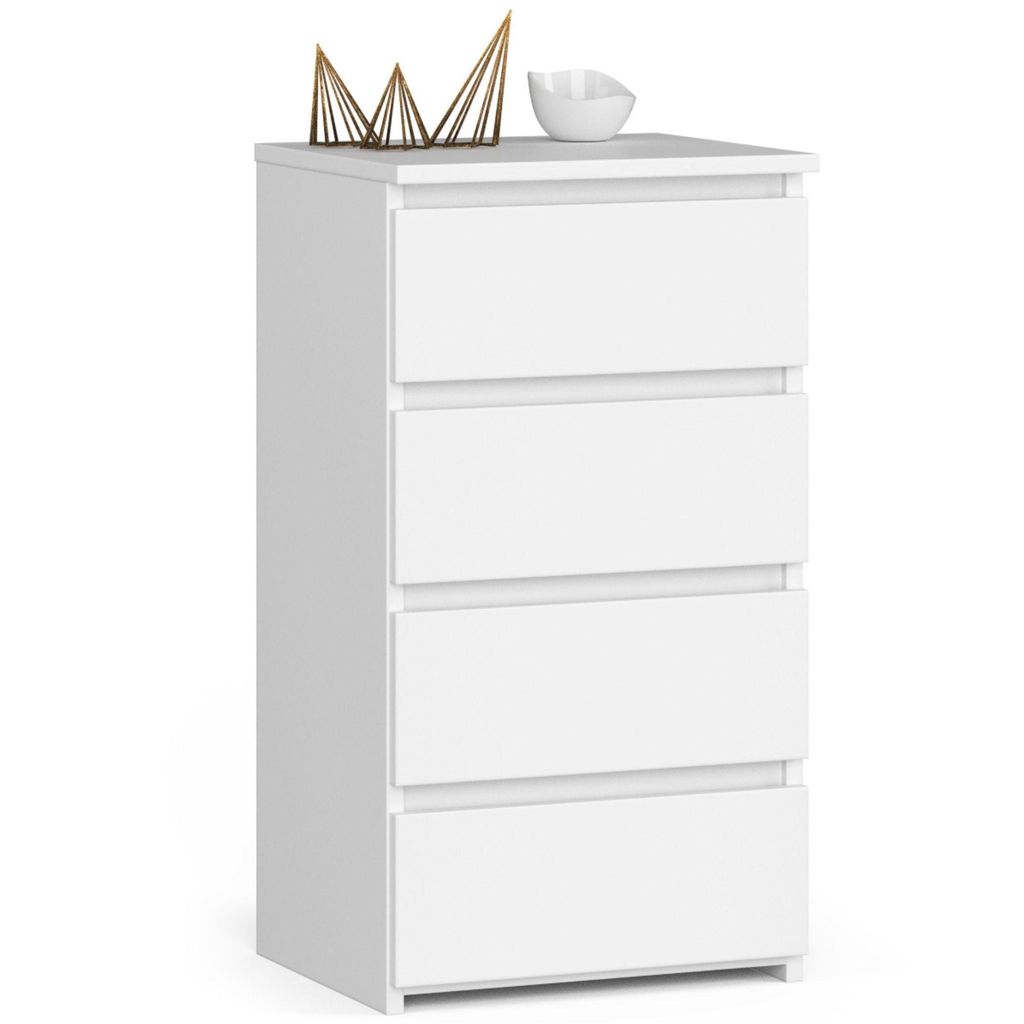 A white chest of drawers with decorative items on top.