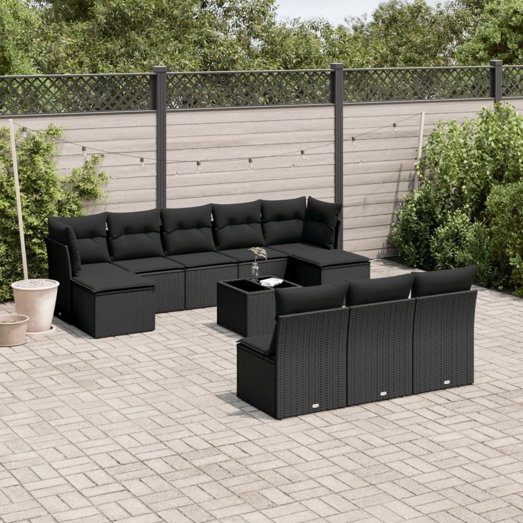 Design 11-tlg. Garten-Sofagarnitur mit Kissen Schwarz Poly Rattan, Gartenmöbel-Sets 2024 Neu