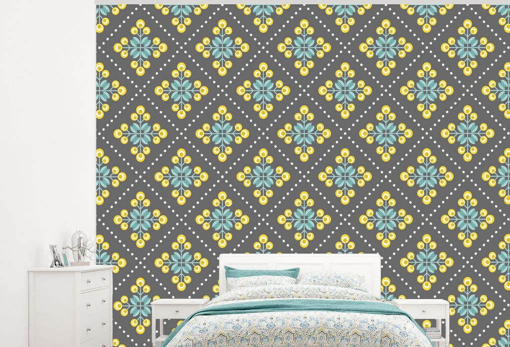 MuchoWow Fototapete für Wohnzimmer oder Schlafzimmer Wandtapete Vinyl Motivtapete Design - Kariert - Blumen - Grau - 375x300 cm - Tapezierpapier