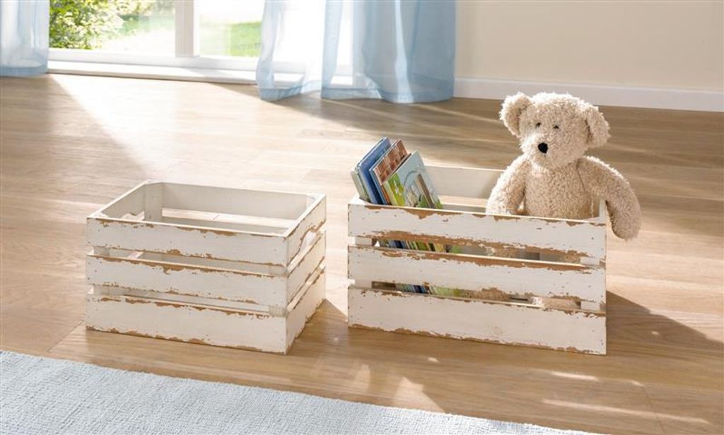 2x Aufbewahrungskiste aus Holz in creme weiß, im Shabby Look, Weinkiste, Wandregal, Holzkiste, Holzstiege