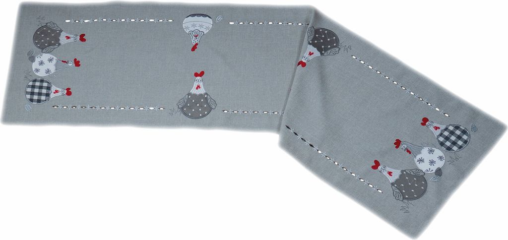 Tischdecke Tischläufer Stickerei verrückte Hühner Ostern 40 x 140 cm - grau