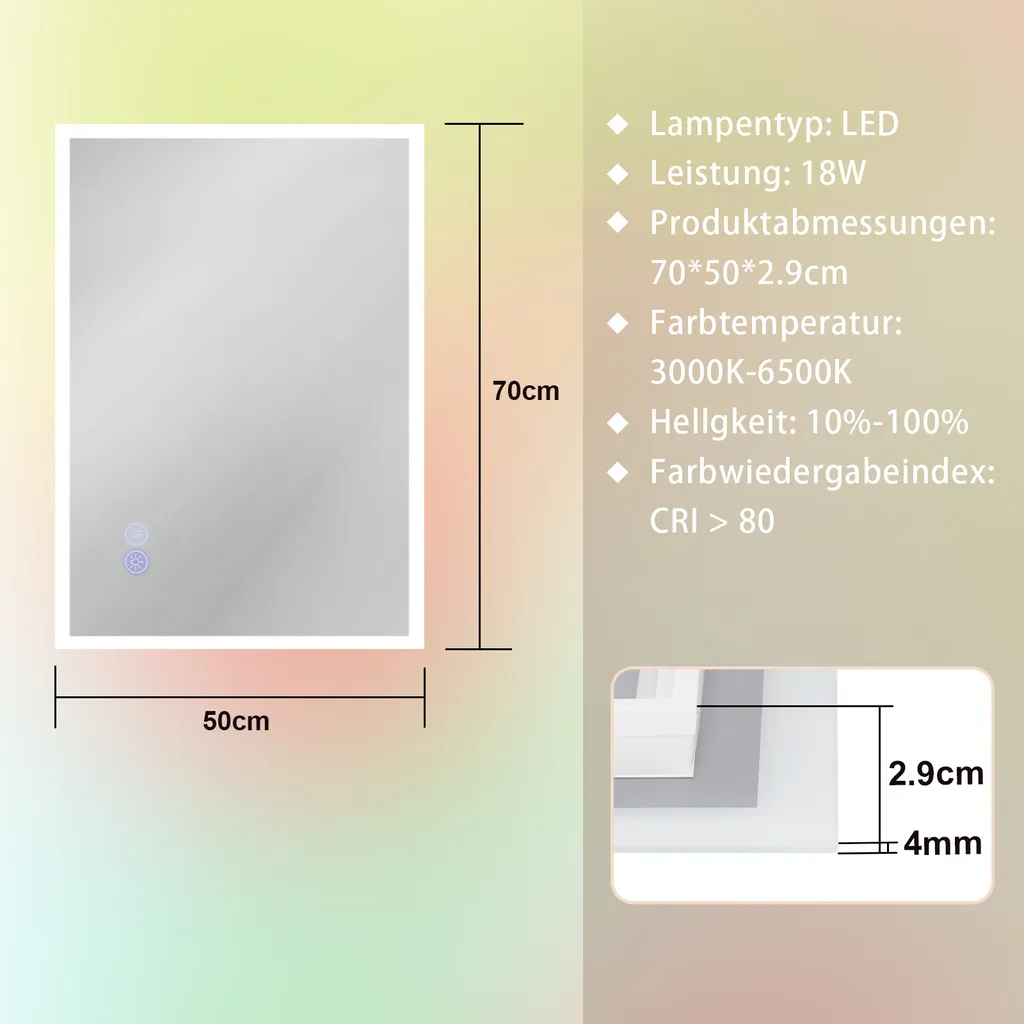 Miroir LED à Intensité Variable 70x50 cm avec Fonction Antibuée Innovante