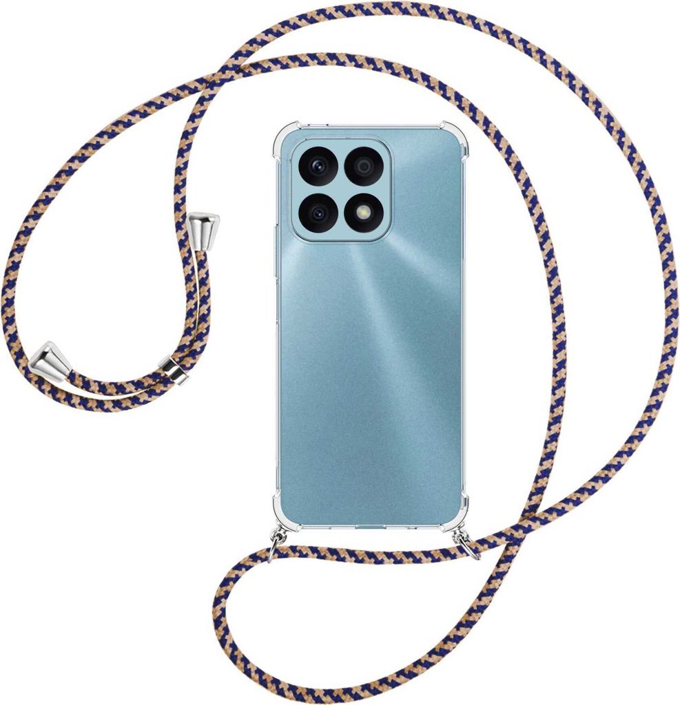 Handykette Backcover-Schutzhülle mit Band (Metall silberfarben) für Honor X8a (6.75'') - blau+beige