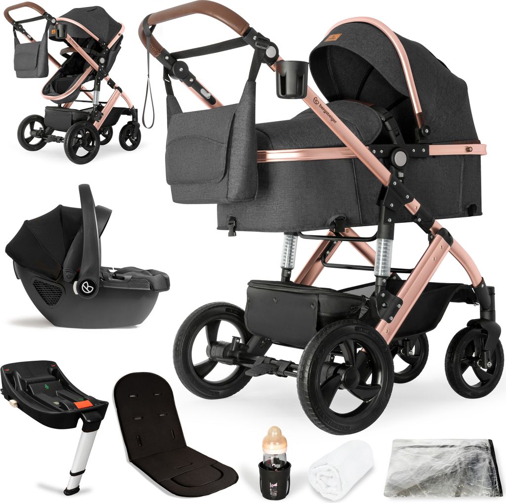 A collage of a baby stroller system and its components, including a bassinet, car seat, and accessories.