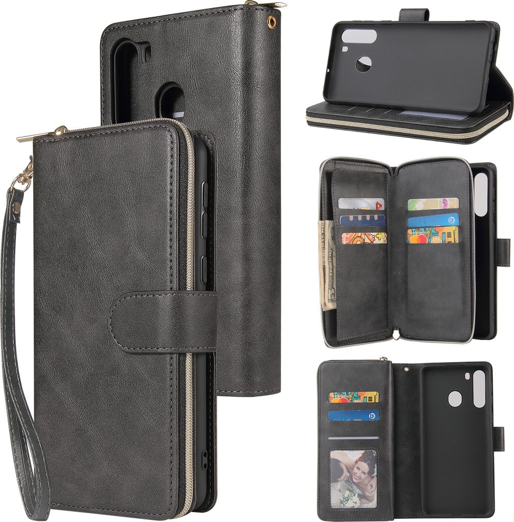 Für Samsung A01/A21/A31/A41/A51 Kunstleder Handyhülle Reißverschluss Tasche + Handschlaufe schwarz