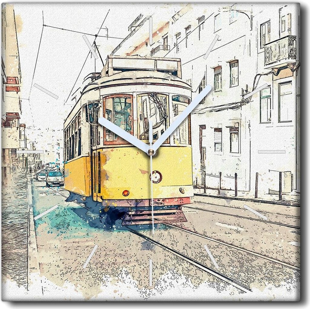 Coloray Uhr auf Leinwand 30x30 cm Wand Uhr Dekoration Wohnzimmer Segeltuch weiße Zeiger -Straßenbahnstadt Aquarell