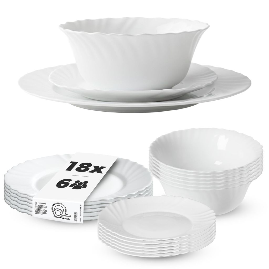 KADAX Geschirrservice 18-teilig, Geschirrset für 6 Personen, Tafelservice mit Müslischale, Dessertteller & Speiseteller, Tellerset aus Opalglas, ...