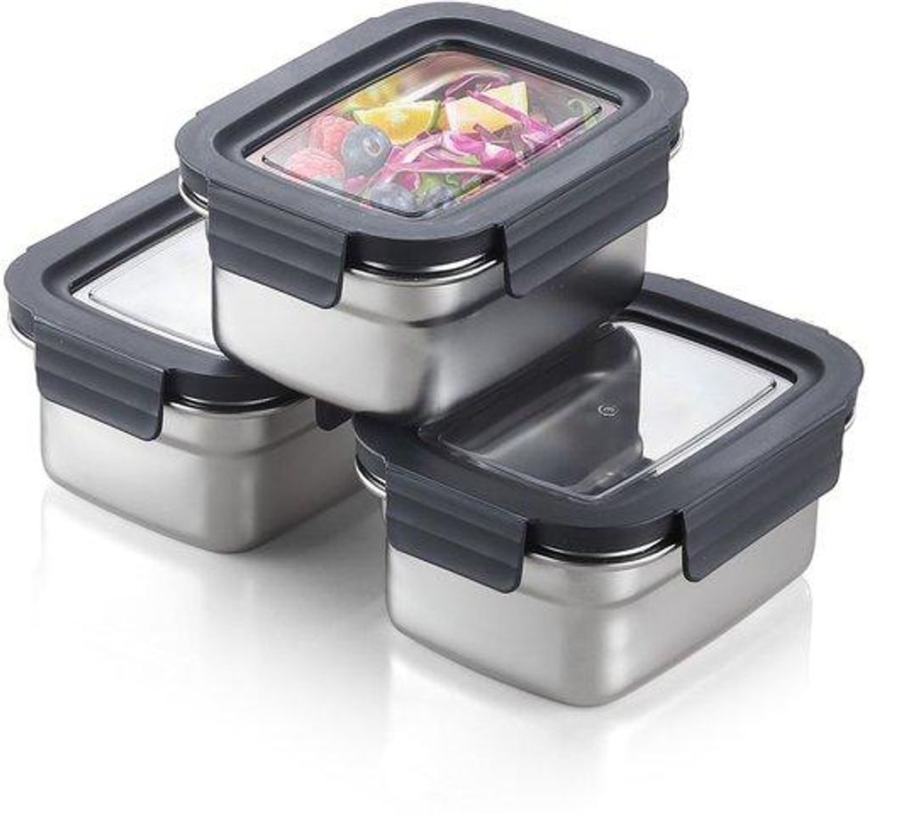 Metallische, stapelbare, luchtdichte, herbruikbare Bento-Lunchbox (3 x 600 ml), für Küche und Vorratskammer