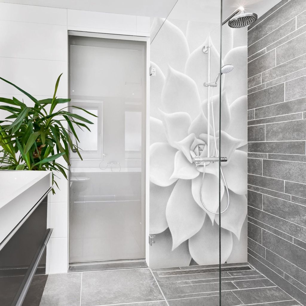 Duschrückwand mit Motiv selbstklebend - 0.35 mm Wandpaneel wasserfest Pflanzen schwarz weiss Tropisch Badrückwand fugenlos Smart matt 80x190 cm