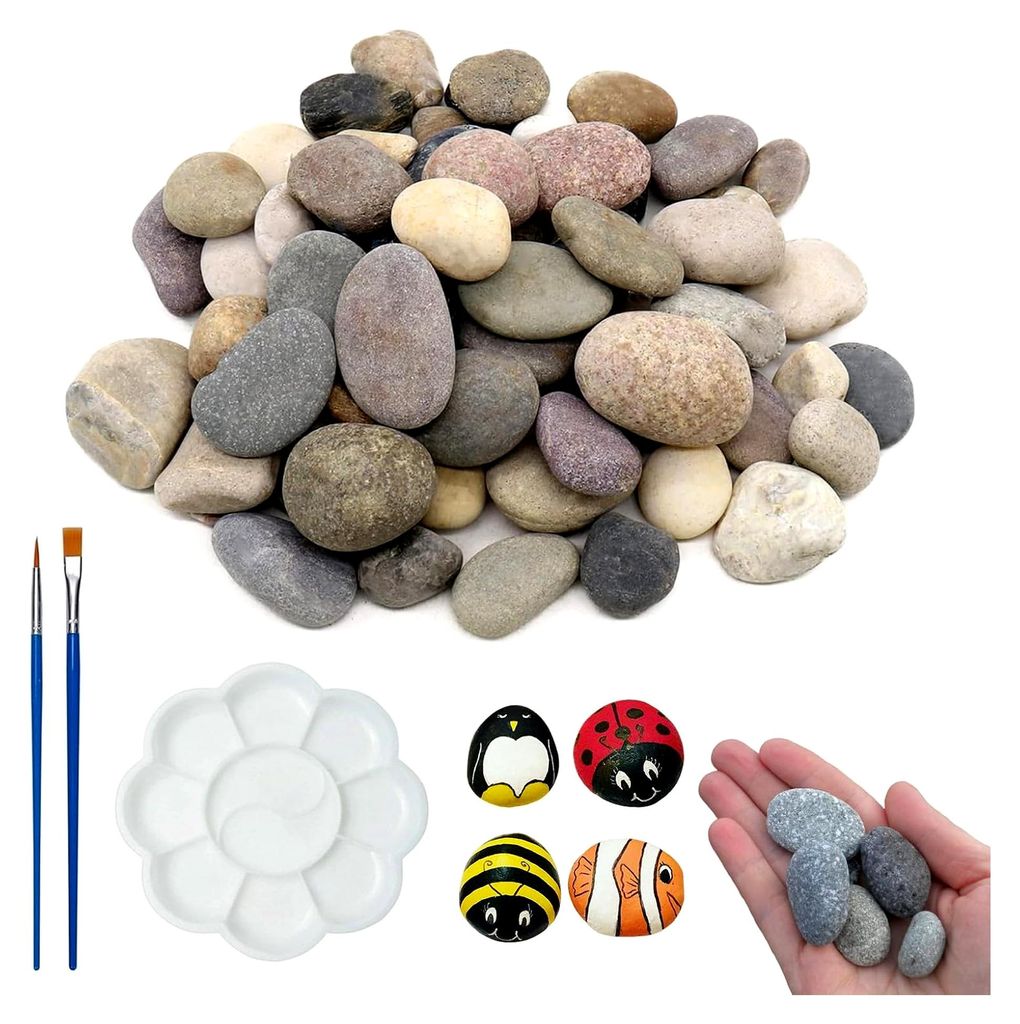 40 Flache Steine zum Bemalen, 2 Pinsel, 1 Pigmentpalette, Glatte Dekosteine, 1-3 cm