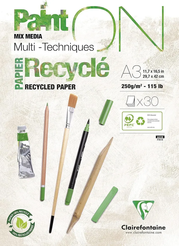 Clairefontaine 975742C Paint'On Recyclé A3: Blocco Carta Disegno 250g