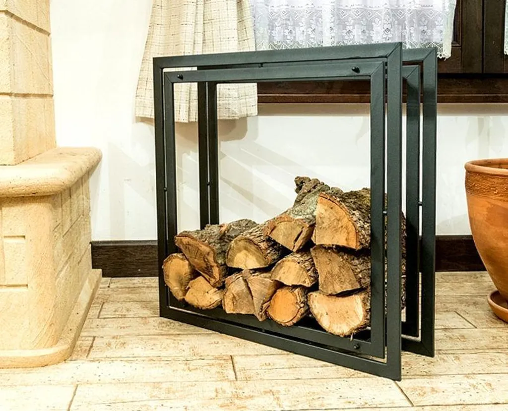 Étagère à bois Square 70 cm - Support de cheminée en métal noir robuste