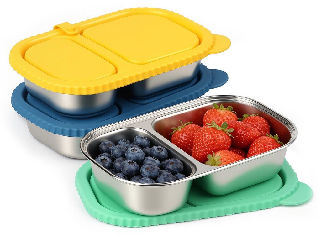 Snackbox aus Edelstahl mit Fächern, 3er-Set, auslaufsicherer Behälter mit Silikondeckel, Bento-Box aus Edelstahl, stapelbare Lunchbox für Kinder...