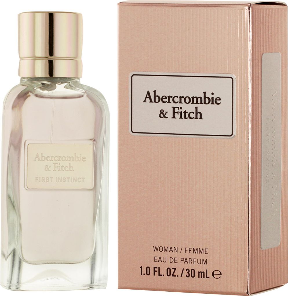 A bottle of Abercrombie & Fitch First Instinct perfume and its packaging are displayed against a white background.