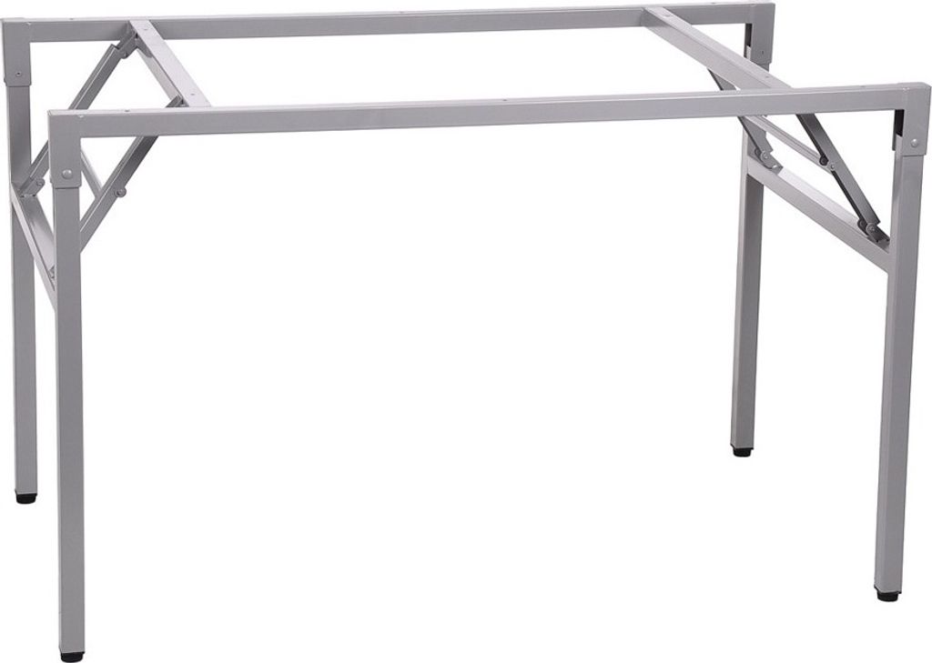 A metal table frame with folding legs against a white background.