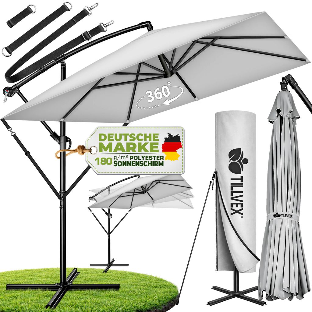 tillvex® Hliníkový slunečník obdélníkový Ø 330 cm šedý + Obrázek produktu 