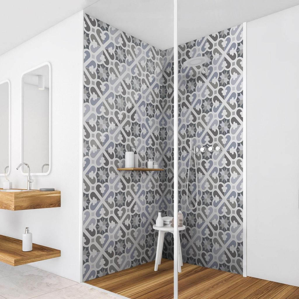 Duschrückwand Muster selbstklebend - 0.35 mm Wandpaneel wasserfest Ornament grau Fliesenoptik Abstrakt Badrückwand fugenlos Smart matt 90x190 cm