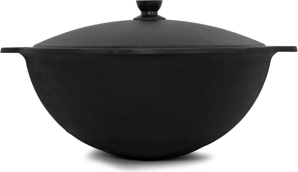 Kazan Wok Gietijzeren kookpan, 12 liter, met schuimspaan, Namangan, Uzbek, Kazbek, Kazbek, Azië, wokpan, pan, pan met aluminium deksel, grillwok, gietijzeren wokpan