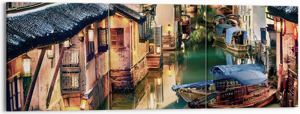 Bild auf Leinwand - Leinwandbild - 3 Teile - Chinesisch Stadt Nacht - 150x50cm - Wand Bild - Wanddeko - Wandbilder - Leinwanddruck - Bilder - Wandd...