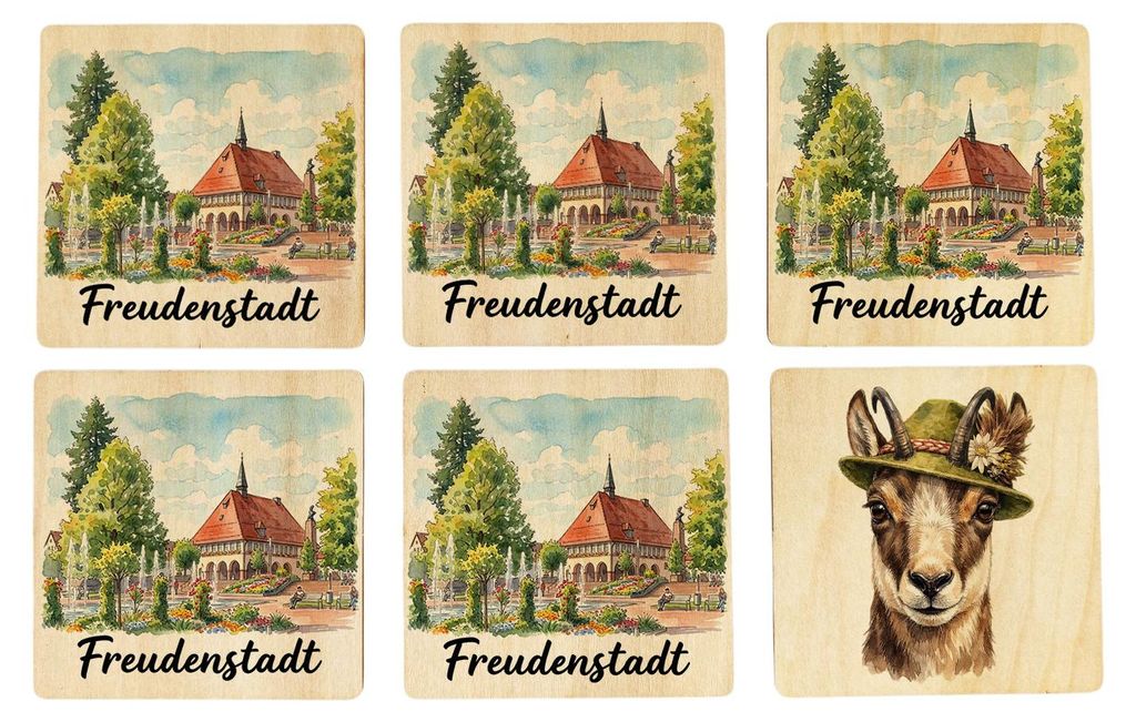 Freudenstadt 6er Set Untersetzer aus Holz mit Rathaus-Motiv