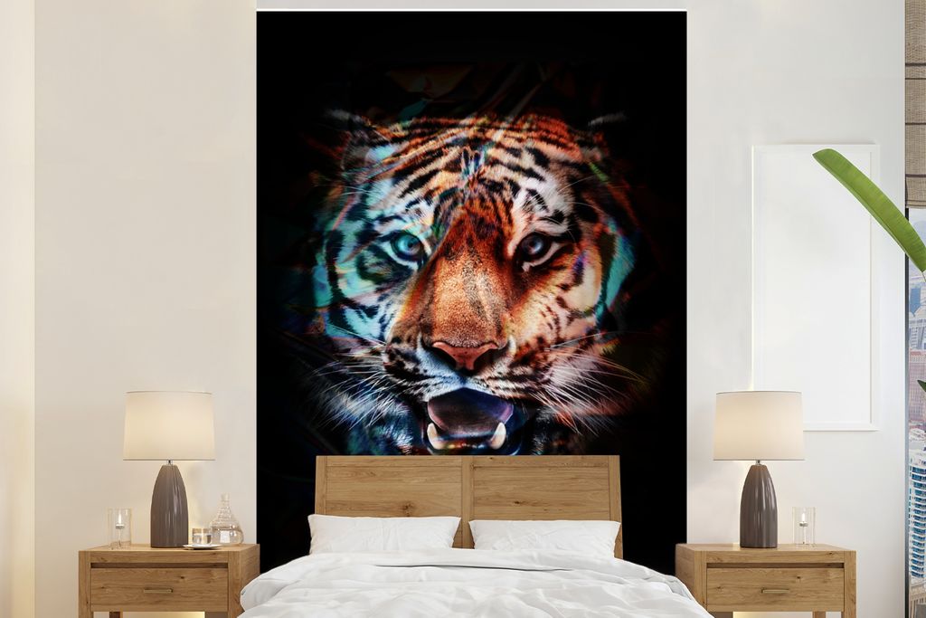 MuchoWow Fototapete für Wohnzimmer oder Schlafzimmer Wandtapete Vinyl Motivtapete Tiger - Farben - Schwarz - 145x220 cm - Wanddekoration