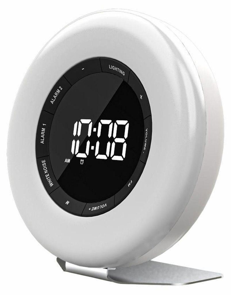 A white digital alarm clock with a black display showing the time.