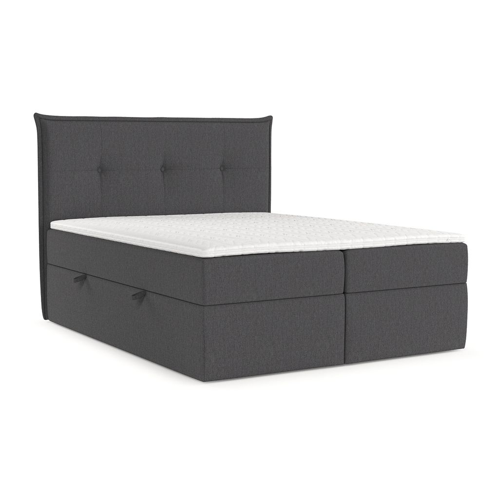 Boxspringbett Livia Interiors Olea, Bett 160x200 cm, mit Stauraum, Doppelbett, H2 Bonell - Matratze und Topper, Webstoff Inari, Dunkelgrau Farbe