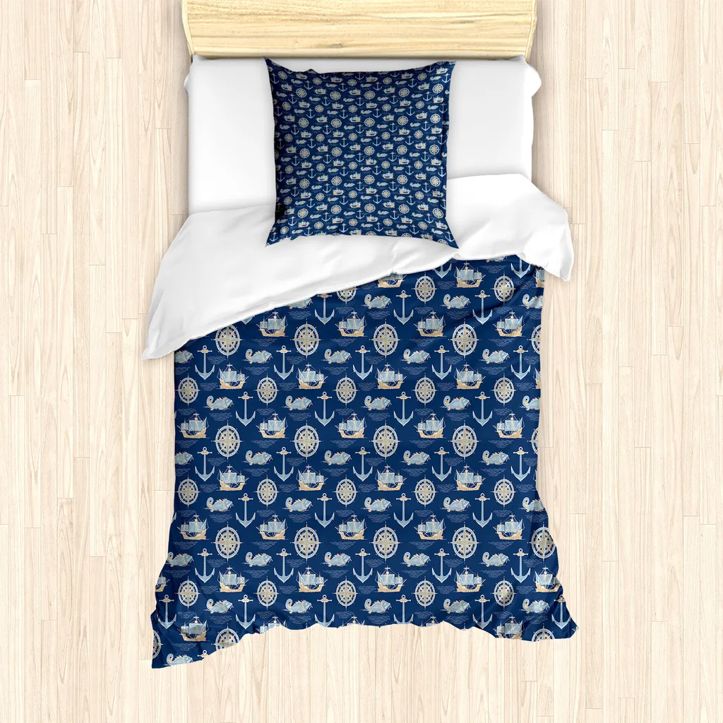 Set copripiumino ABAKUHAUS Marine per letti singoli, rosa dei venti nautica, ancora, antiacaro, adatto a chi soffre di allergie, con federa, 135 cm x 200 cm - 80 x 80 cm, marrone chiaro blu notte