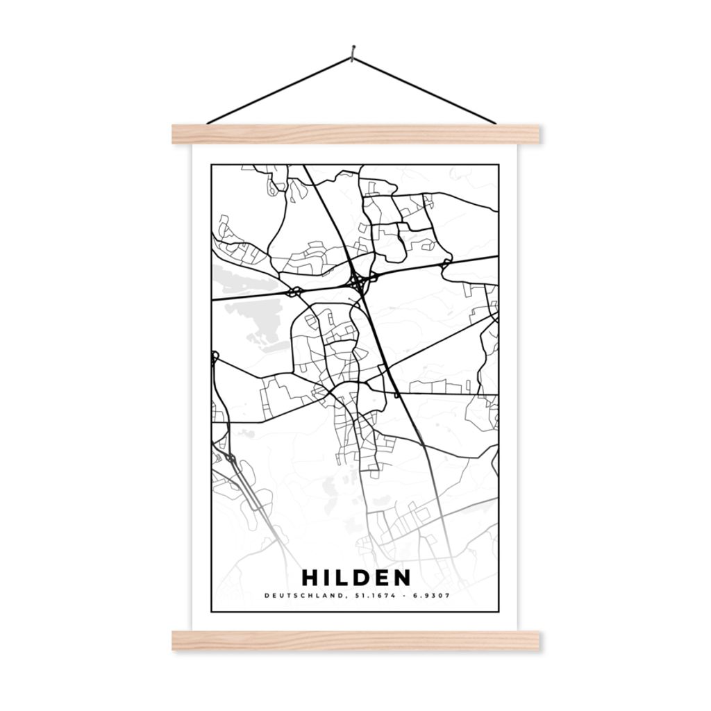 MuchoWow Textilposter Karte - Hilden - Stadtplan 40x60 cm mit holzfarbenen Rahmen - Poster