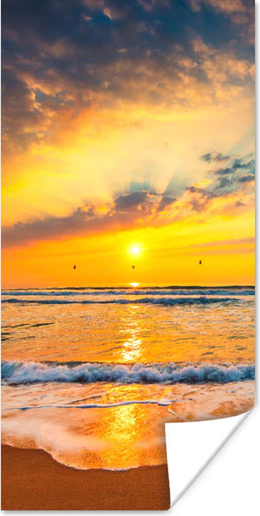 MuchoWow Poster Sonnenuntergang - Strand - Meer - Wolken - Orange 75x150 cm - Dekoration für die Wände