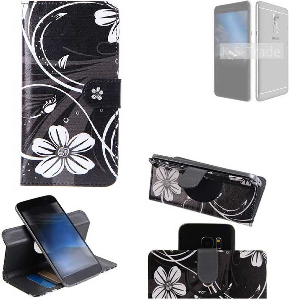 K-S-Trade Schutzhülle Handyhülle kompatibel mit Phicomm Energy 4s Hülle 360° Wallet Case ''Flowers'' Klapphülle Hülle schwarz-weiß 1x