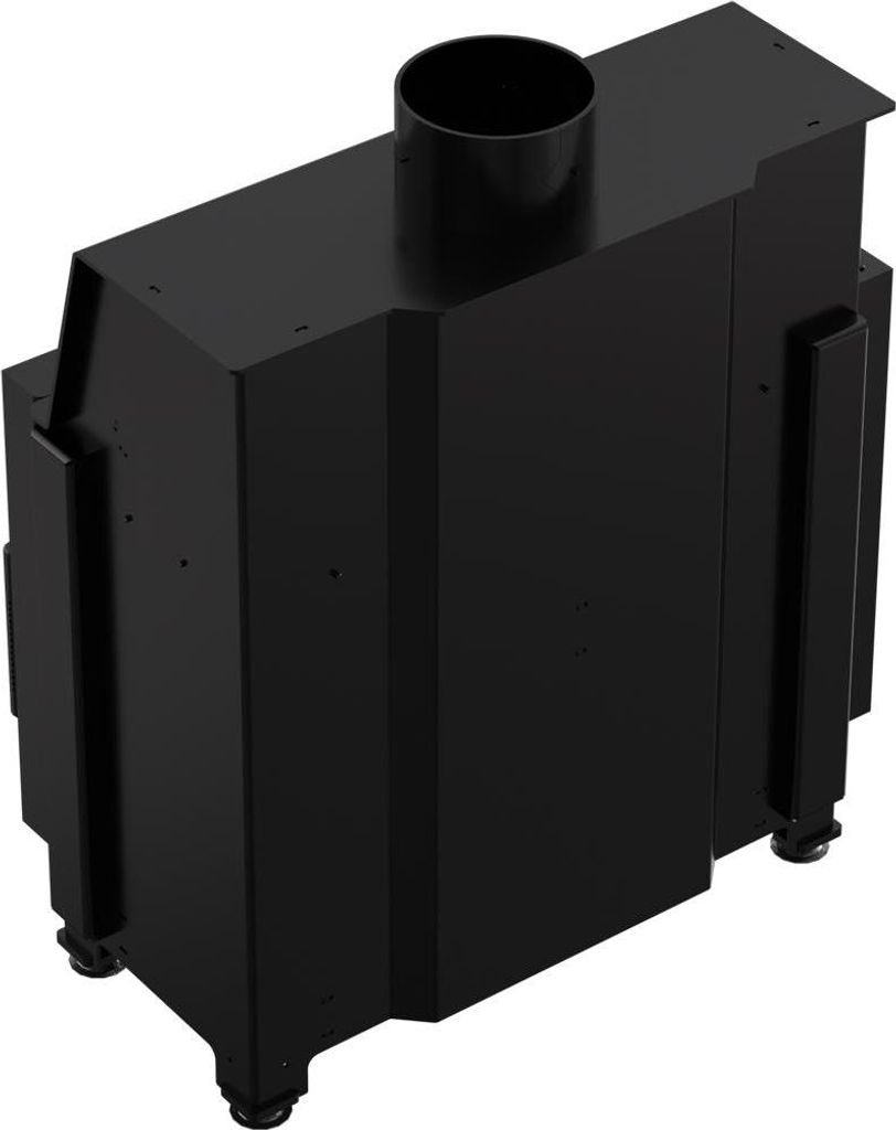 A 3D render of a black metal fireplace insert with a flue pipe on top.